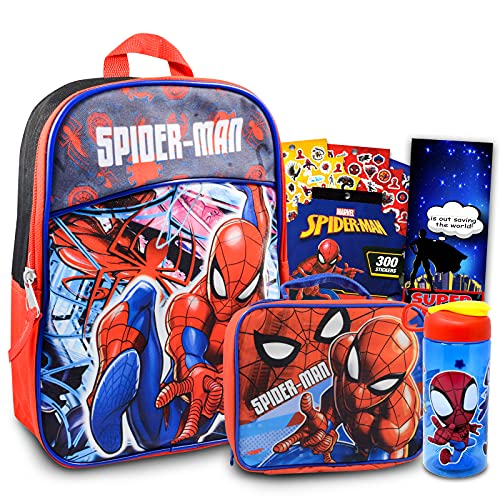 Marvel Shop, Kids Spiderman Mini Backpack Set ~ 5 Pc Bundle with 11In Marvel School Bag, Lunchbox, Water Bottle, 300 Stickers (Superhero School Supplies), Spiderman backpack for boys