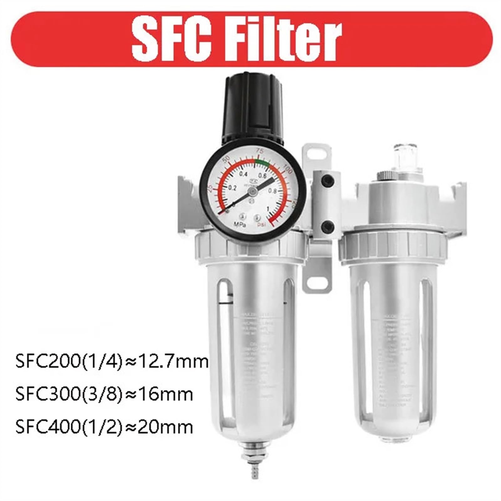 Filtre régulateur pneumatique, Filtre régulateur et lubrificateur pneumatique combinés SFC200 SFC300 SFC400, plusieurs tailles(400)