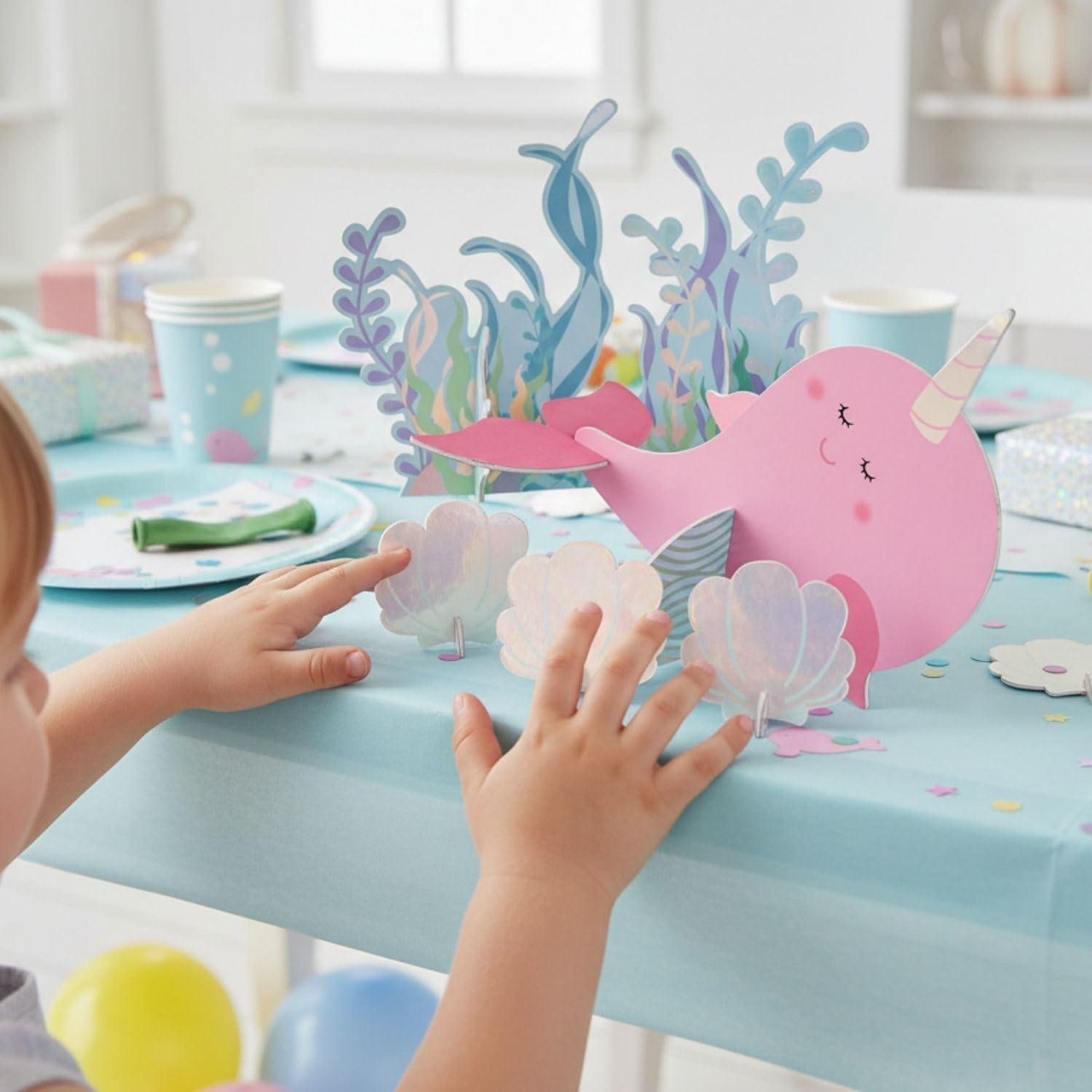 Fun Express Narwhal Party Large Centerpiece Kit - Colorful Undersea-Themed Decor for Birthday Parties & Celebrations - Vibrant Blue & Multi-Color Narwhals - Perfect for Themed Events - 4 Pieces