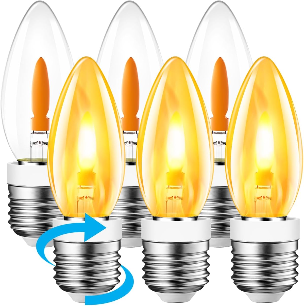 ANWIO Flicker Flame Light Bulb 1.5W=3W, NonDimmable Flame Tip 1800K Warm Light Orange Glow Bulbs Crystal Clear Candle Bulb for E12 Chandelier Base and E26 Base with E26 Adapter 6 Pack