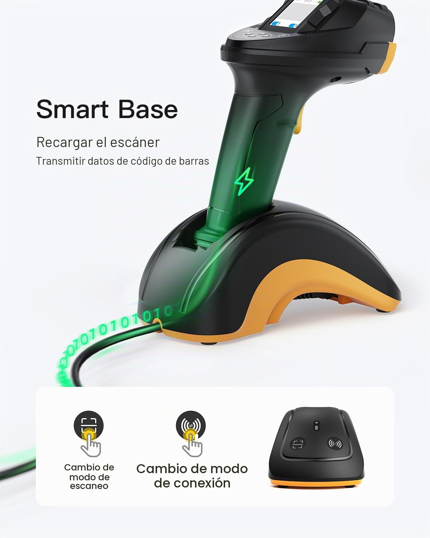 Inateck Escáner de Códigos de Barras Inalámbrico 2D con Pantalla, Doble Sensor CMOS CCD para Códigos Largos y Borrosos, Lector QR Bluetooth con Base de Carga, Teclado de Configuración, Soporta App SDK