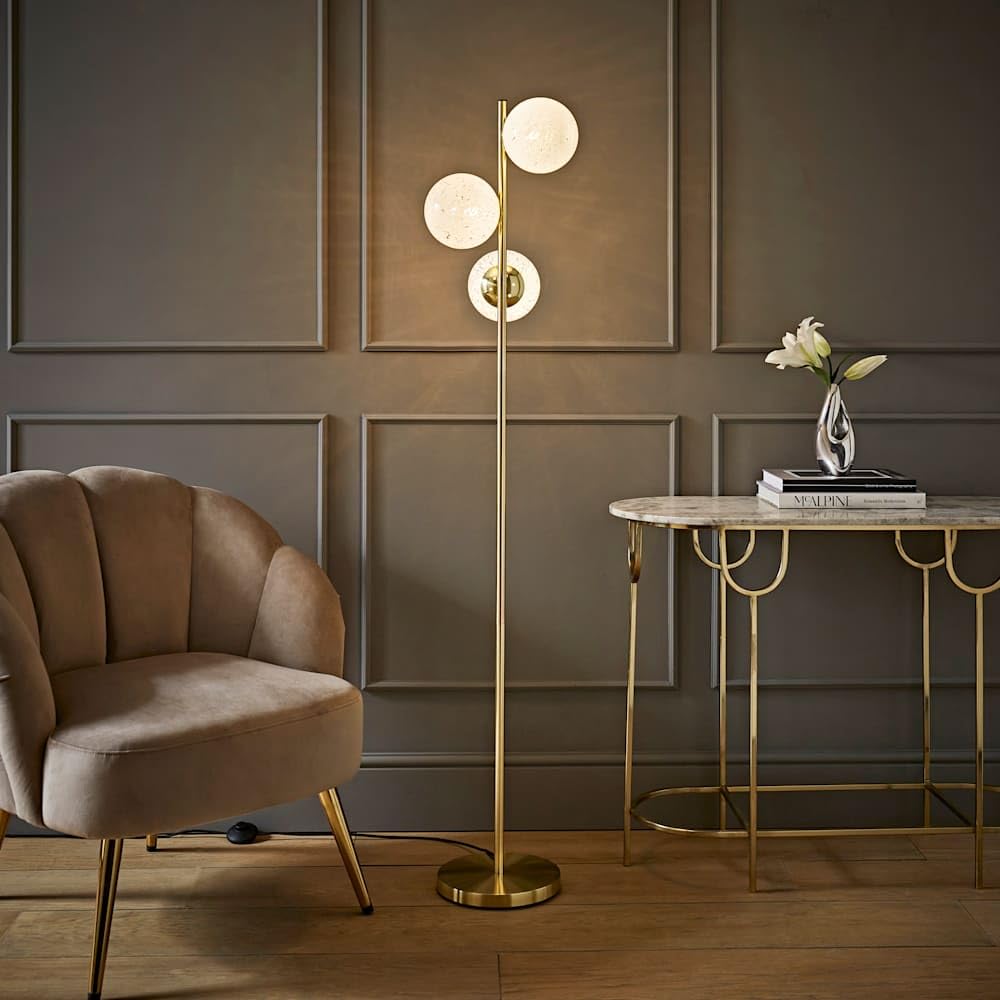 Valuelights White Jas Gold Floor Lamp With Confetti Glass Globe Shades & Bulbs