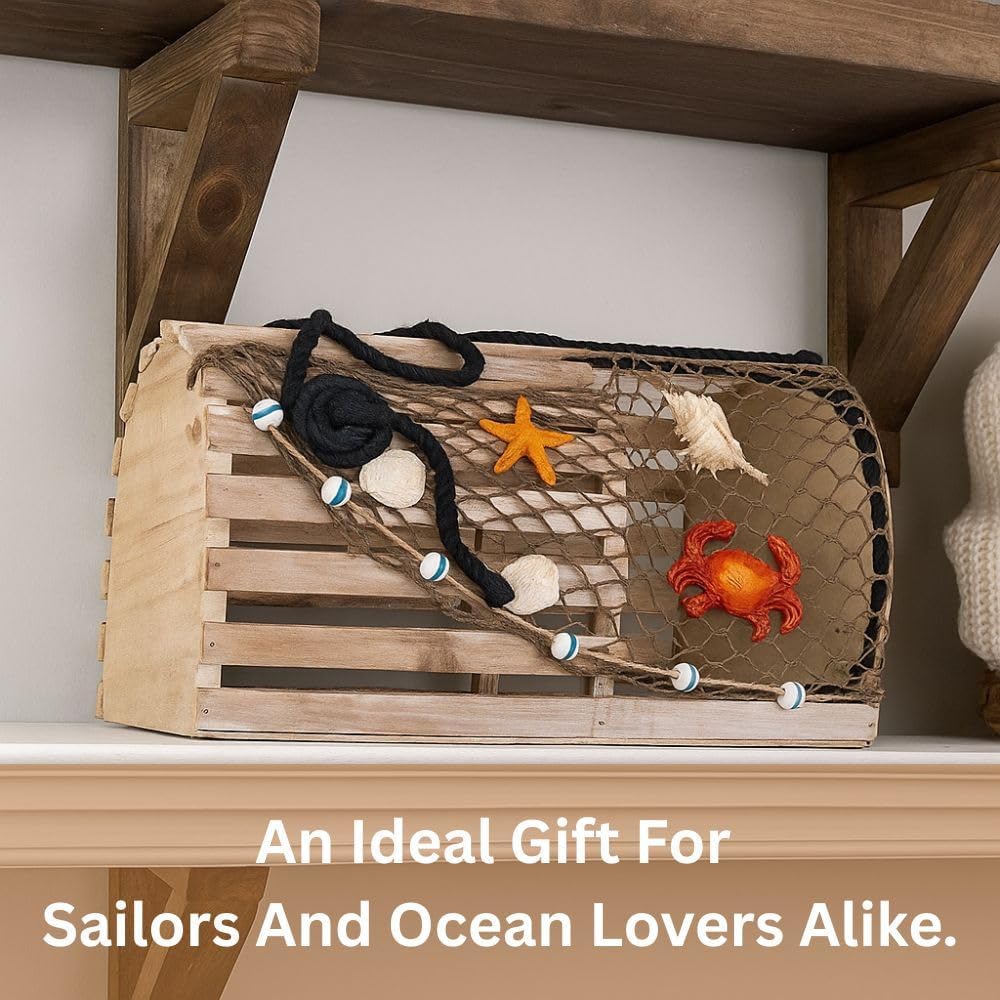Decorative Lobster Trap Nautical Coastal Decor – Distressed Wood with Fishnet, Seashells, Crab & Starfish Accents – Perfect Beach House, Boat Decoration – Unique Ocean-Themed Gift for Sea Lovers