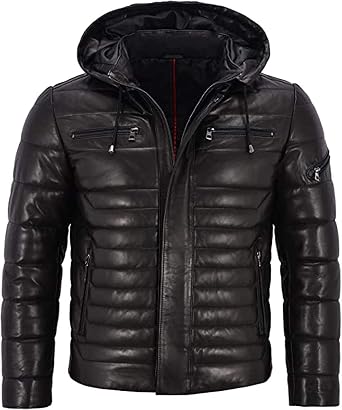 Amazon.com: Chaqueta acolchada con capucha para hombre de piel de cordero |  Chaqueta de cuero real con capucha para hombre | Chaqueta acolchada con  capucha para moto : Ropa, Zapatos y Joyería