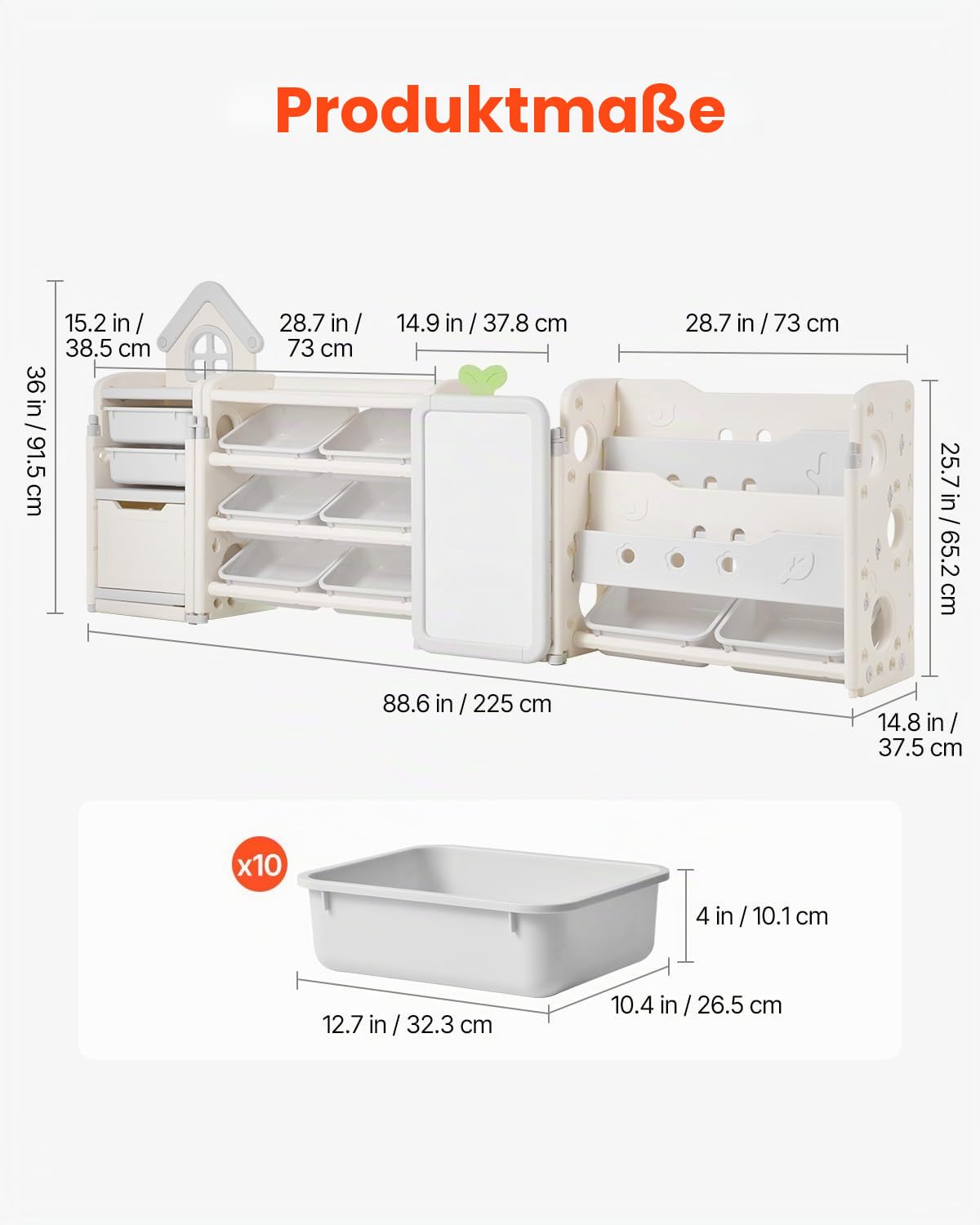 VEVOR Spielzeugaufbewahrung Bücherregal Spielzeugregal HDPE, 4-stöckige multifunktionale Ablage mit 10 flexiblen Kunststoffbehältern & Zeichenbrett, für Schlafzimmer Klassenzimmer (Grau + Beige)