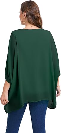 Womens 3/4 Batwing Sleeve Plus Size Elegant Summer Cape Blouse Scoop Neck Oversized Long Casual Tunic Tops Shirts