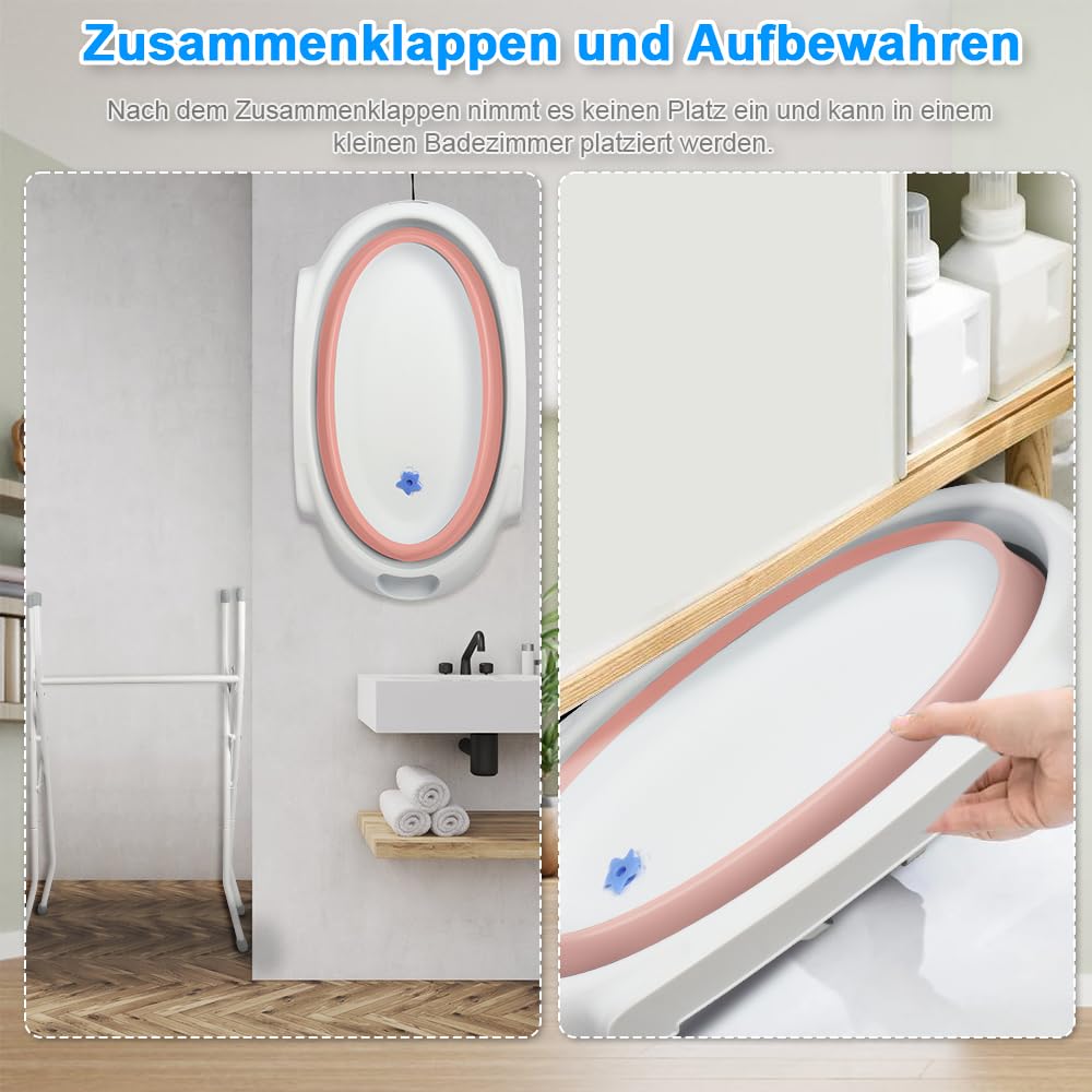 OHMG Bañera para bebé con estructura de 82 cm, bañera plegable para bebés con soporte antideslizante, bañera para bebés recién nacidos, gran volumen (rosa-66 x 61 x 82 cm)