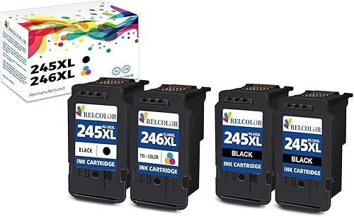 Relcolor Cartucho de tinta de repuesto compatible para Canon 245XL 246XL (color negro, 4 unidades) 245 246 XL PG245 CL246 MX490 MG2522 MX492 TR4520