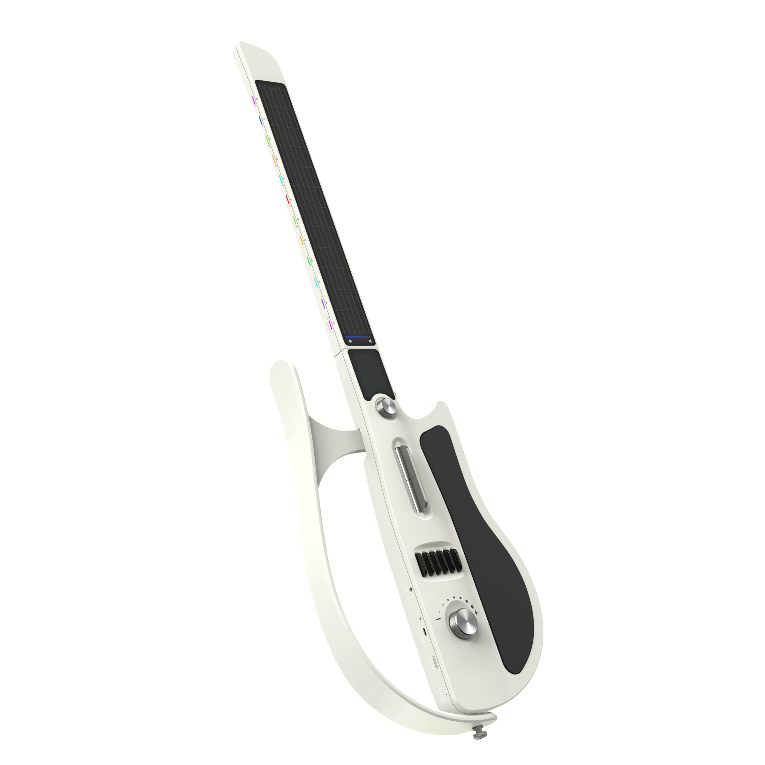 Chitarra intelligente senza corda, portatile e pieghevole con controllo app, generatore di accordi, batteria integrata e altoparlante, 100 toni sonori per principianti e bande,