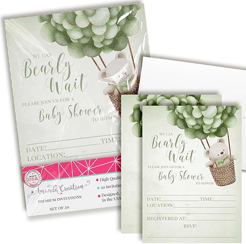 Amanda Creation Lindo globo de oso de peluche, invitaciones para baby shower, 20 tarjetas de relleno de 5 x 7 pulgadas con veinte sobres blancos