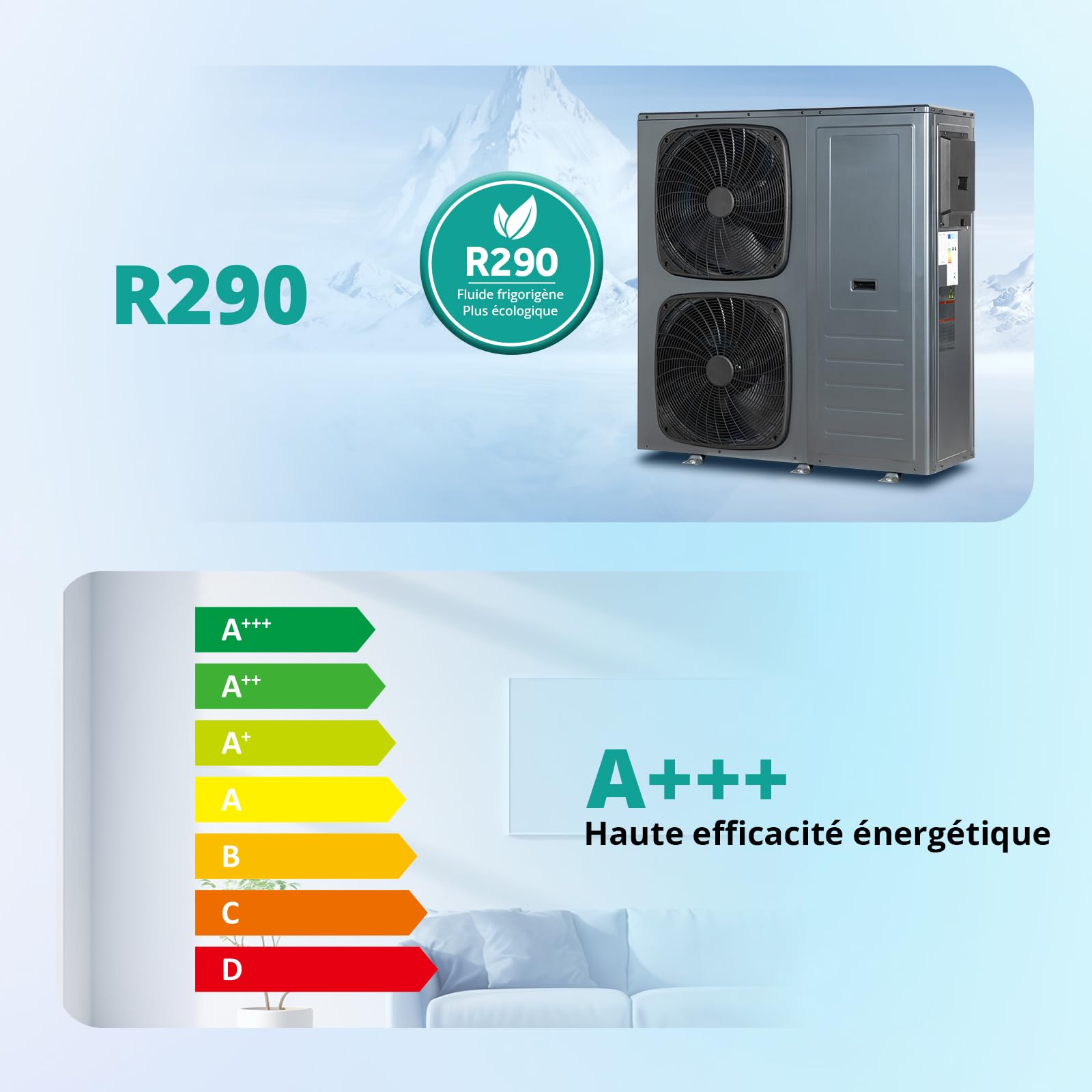 SMETA 16 KW Pompe à Chaleur Air Eau, R290, Monobloc, Pompe à Chaleur Maison MultifréQuence, ContrôLe Intelligent Wifi, Fonction Triple - Refroidissement, Chauffage et Eau Chaude, Mode Silencieux, A+++