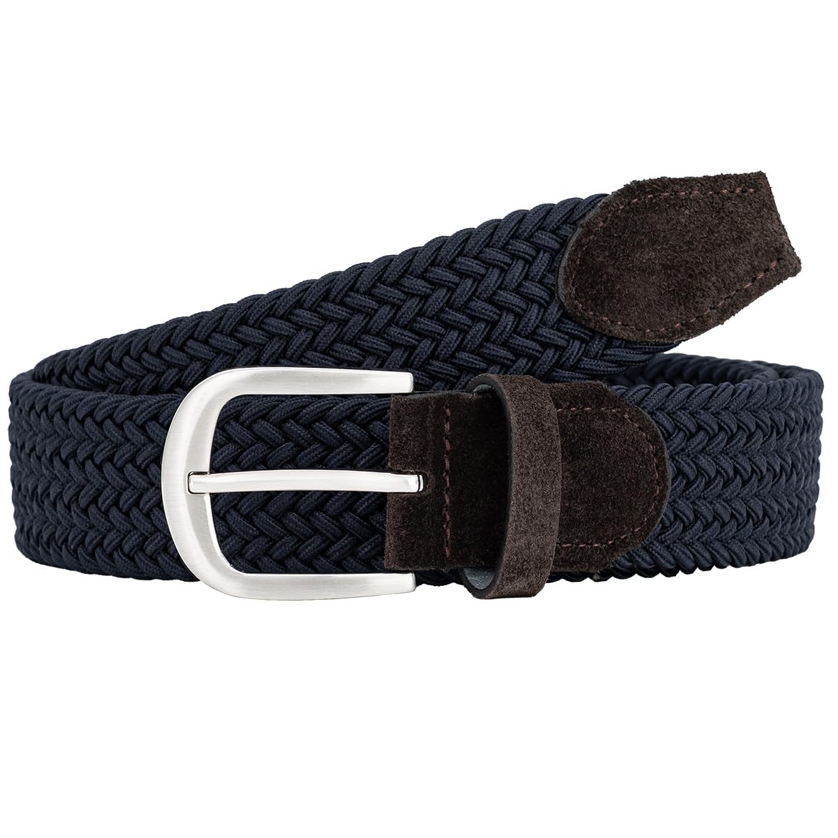 LINDENMANN Textil-Flechtgürtel Damen dunkelblau klassischer Stretchgürtel perfekt für Golf geeignet, silberfarbene Schließe, 3,5 cm breit