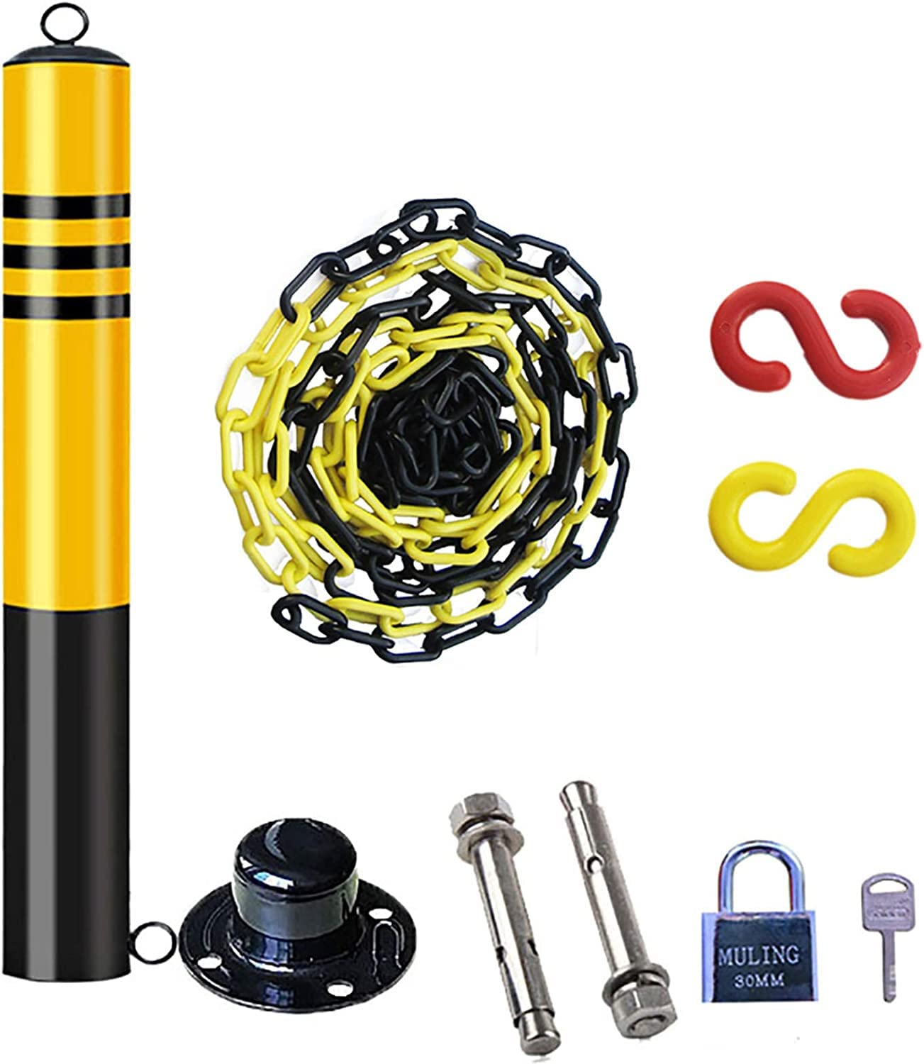 Safety Bollard Traffic Delineator Post, Bollard Security Posts for Driveways Barriers and 5m Plastic Chain Barrier Set Parking Bollards with Hanging Ring and Re(80 x 7.6cm)