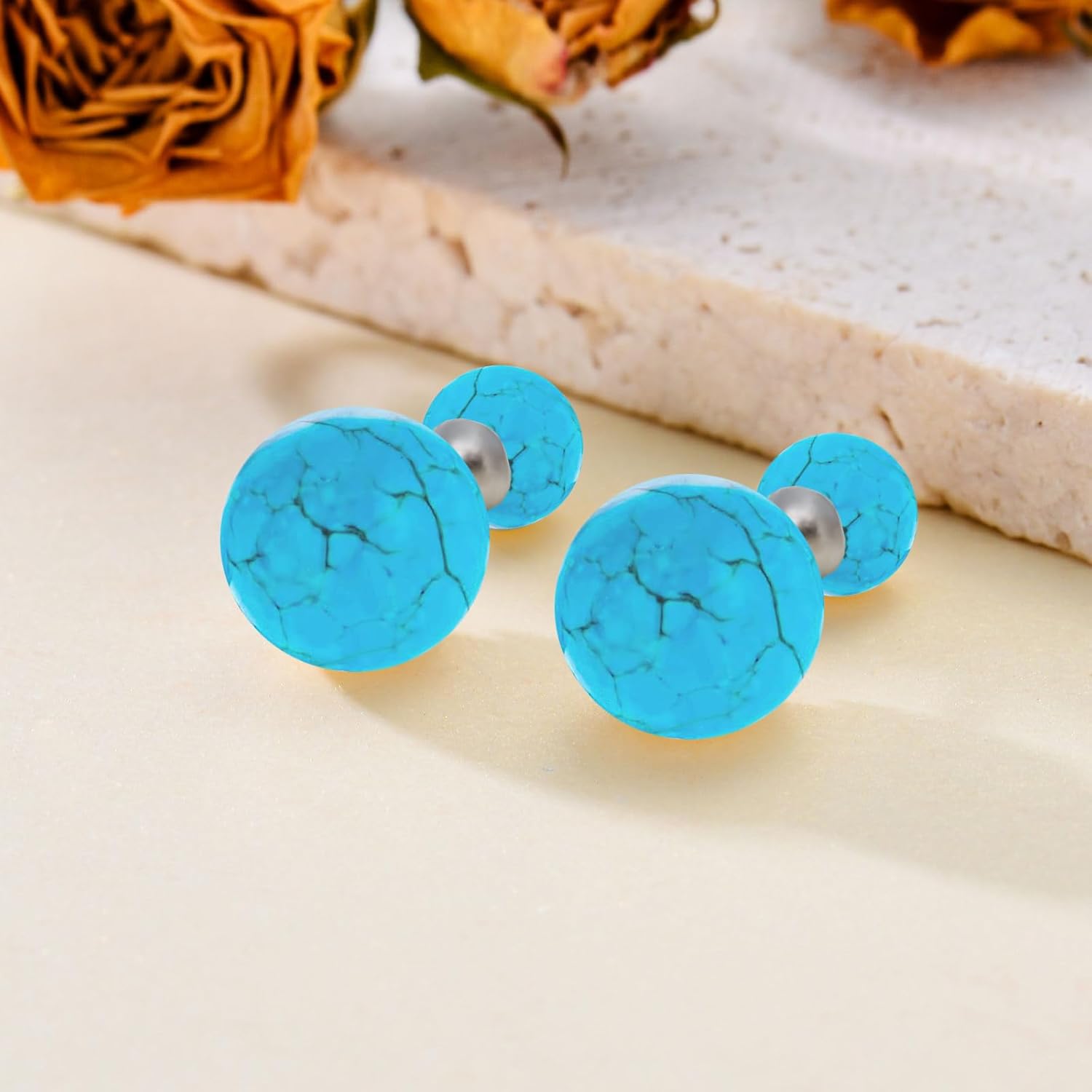 LONAGO Double Sided Turquoise Ball Earring Turquoises Stud Earrings Gift for Women (Turquoise) - Image 3