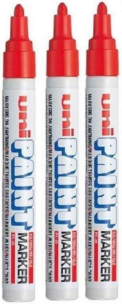 Uni Colour Medium (2.2-2.8mm) PX-20 Red Oil Paint Marker Pen Metal Glass Wood Plastic Stone Outdoor mm Metal Bullet Nib Tip (Pack Of 3)