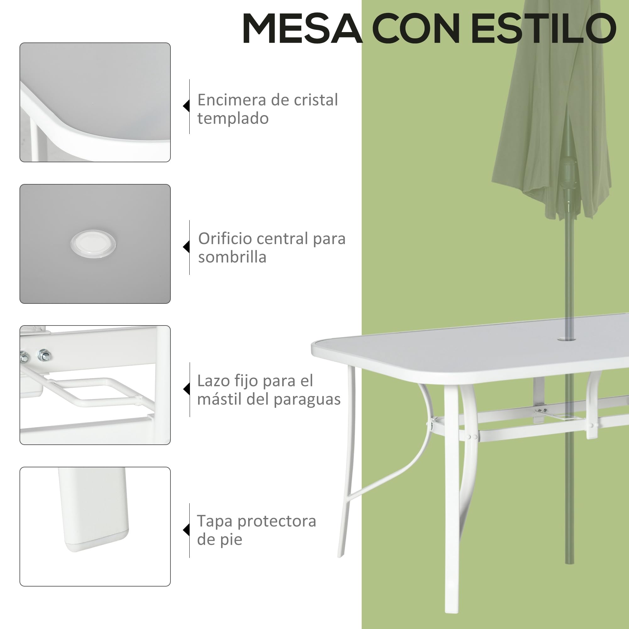 Outsunny Conjunto de Mesa y Sillas Jardín de 7 Piezas Exterior Gris | Muebles de Jardín Exterior, Mesa y 6 Sillas para Terraza, Orificio para Sombrilla, Encimera de Cristal, para Terraza Patio