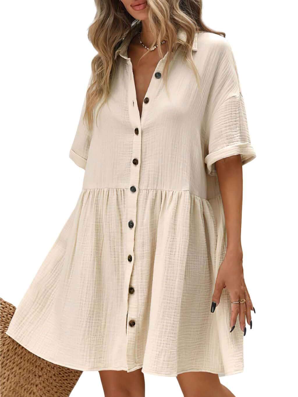 chouyatou Women's Casual Short Sleeve Button Down Mini Shirt Dress Cotton Babydoll Tunic Loose Beach Dress Short Sleeve