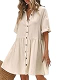 Women's Casual Short Sleeve Button Down Mini Shirt Dress Cotton Babydoll Tunic Loose Beach Dress