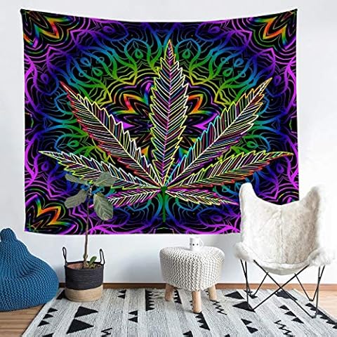 Loussiesd Marihuana Leaf Wandbehang für M?nner Erwachsene Cannabis Leaves Tapisserie Marihuana Weed Leaf Drucken Wandteppich 130x150cm Tapisserie Psychedelic Colourful Leaf Cover