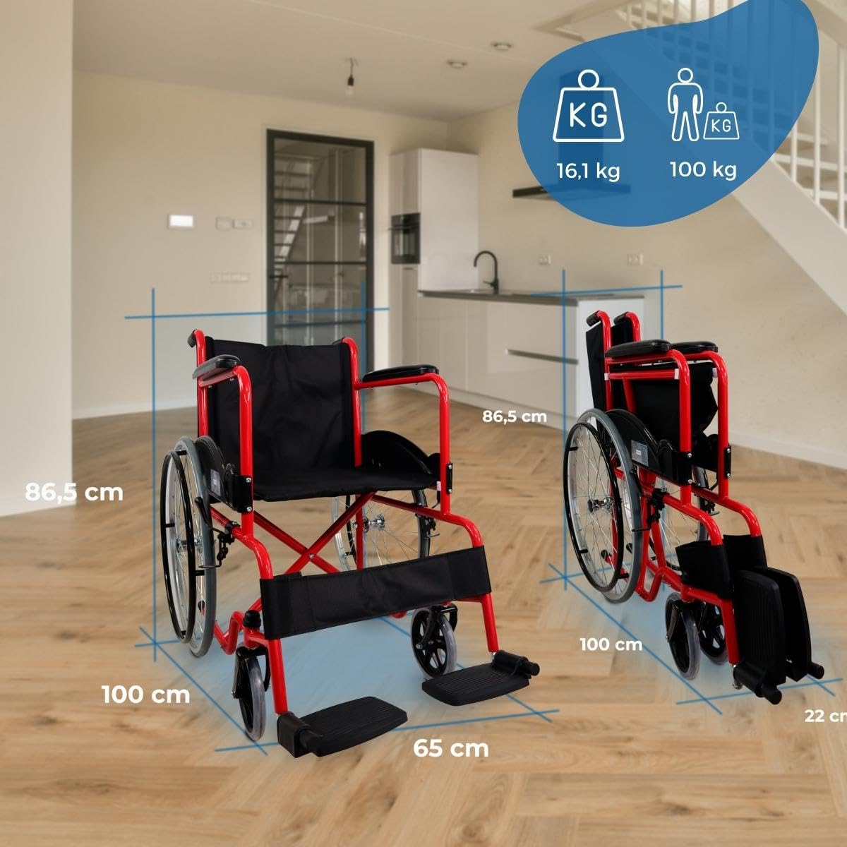 Mobiclinic®, Fauteuil roulant pliable, Auto-propulsé, Chaise roulante, Alcazaba, Assise 46 cm, Système de franchissement des bordures, Repose-pieds rabattables, Anti-crevaison, Frein sur les roues