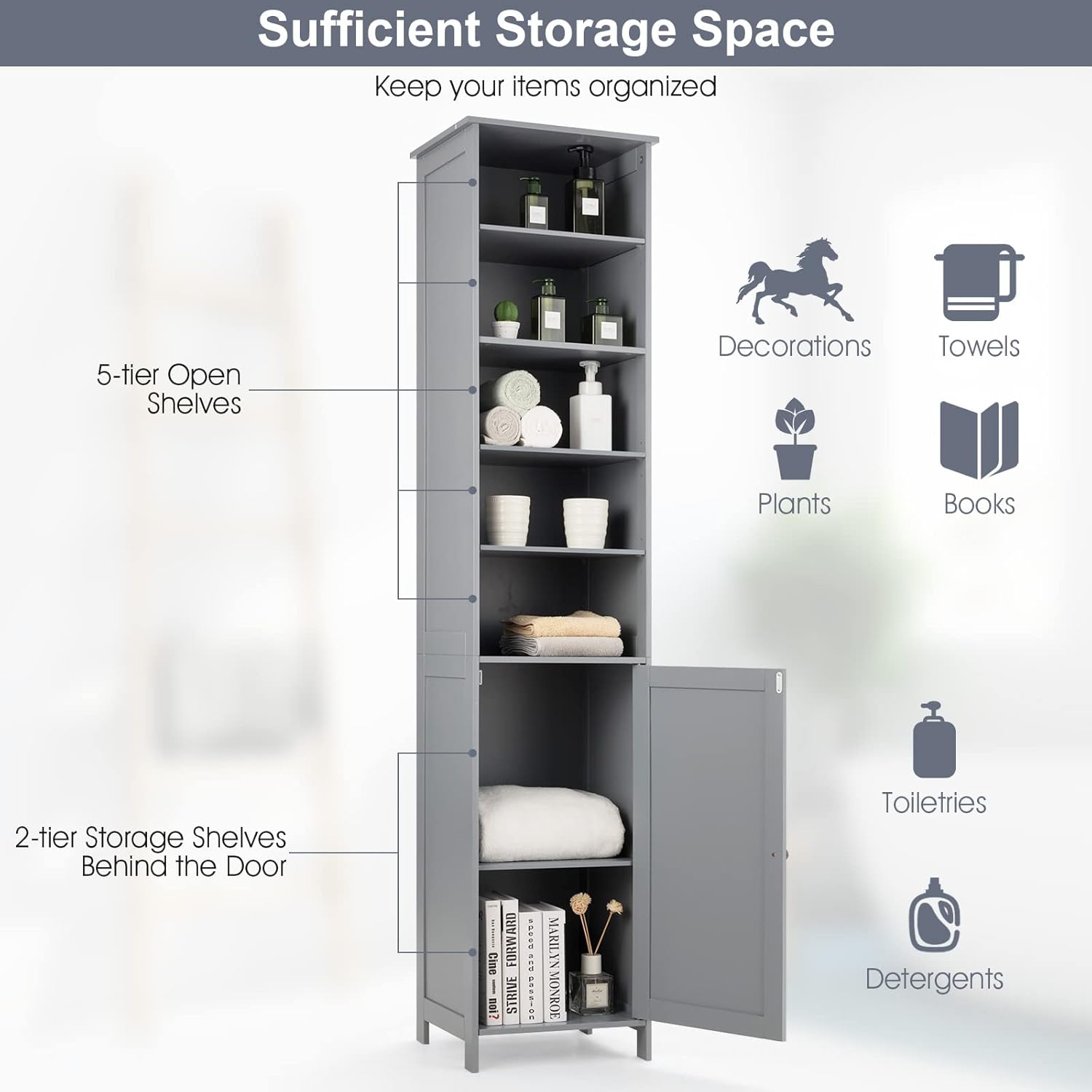 COSTWAY Tall Storage Cabinet, Wooden Floor Cabinet with 3-Level Adjustable Shelves, Convenient Door & Knob, Narrow Storage Cabinet Organizer for Bathroom, Living Room, Kitchen (Grey)