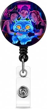 Neon Anime Girls & Glowing Cat Retractable Badge Reel with Alligator Clip - Heavy Duty ID Badge Holder with 24" Smooth Nylon Cord for Nurses, Office Workers & Students