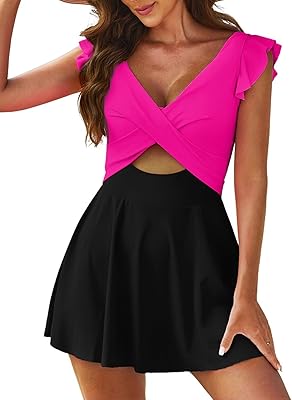 Aleumdr Women's One Piece Swimsuit Ruffle Cutout Swimdress Tummy Control V Neck Wrap Swimwear