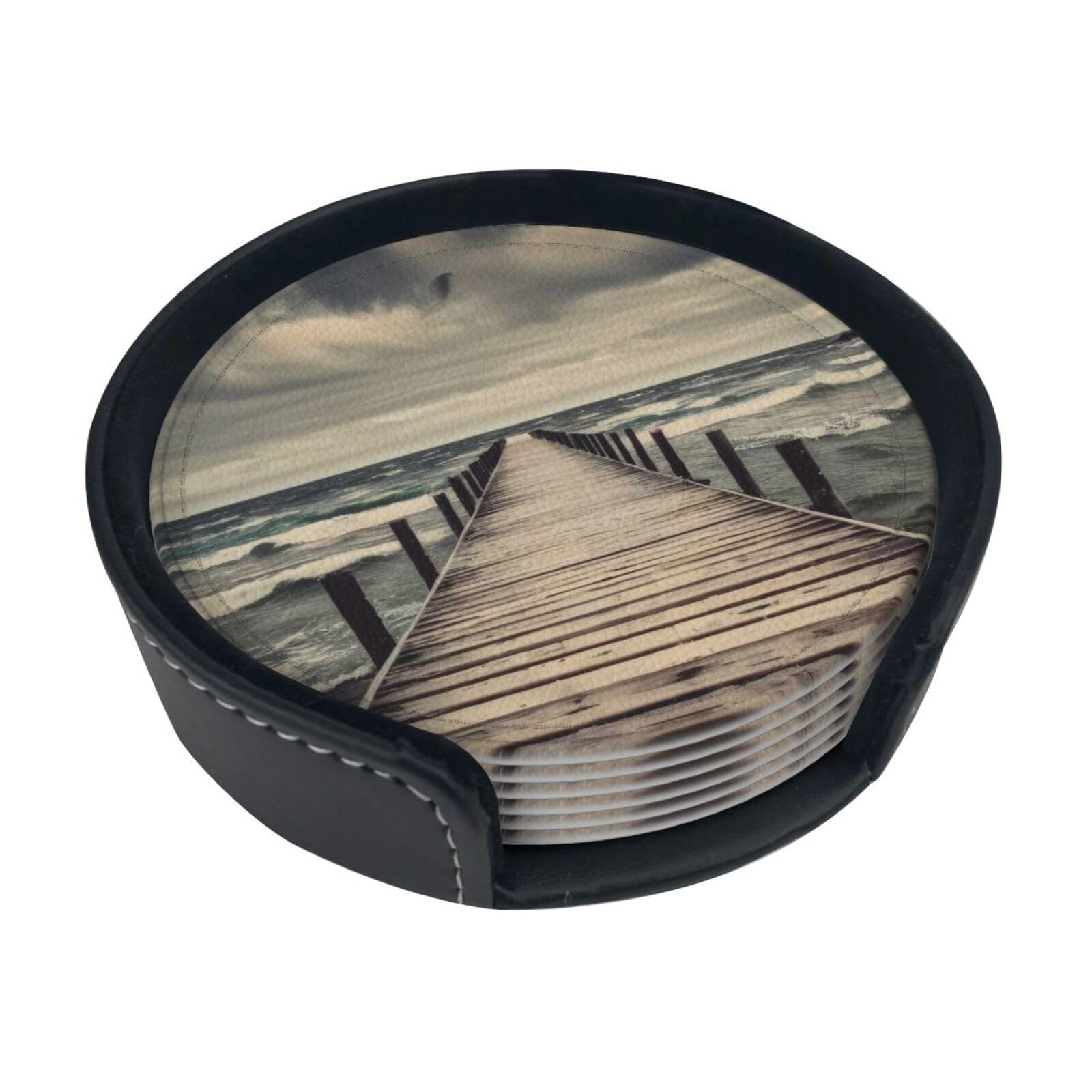 Coastal Pier Coasters Set Of 6,Drink Coasters Round,Non Slip For Coffee Beer Mug Wine Glass Bottle Home & Bar.