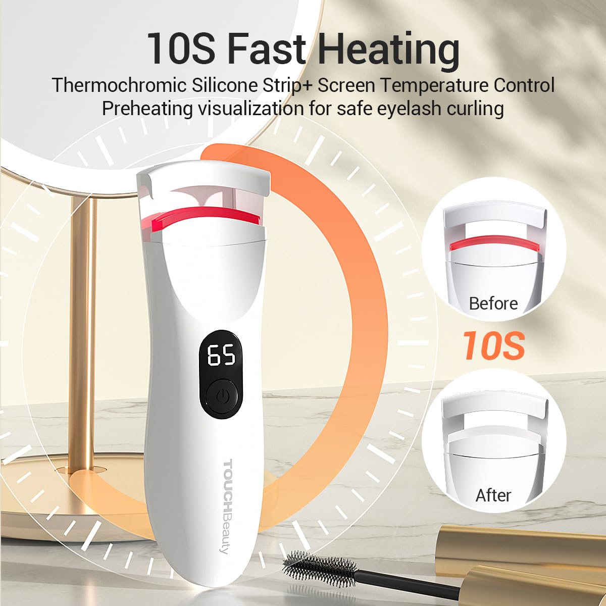 TOUCHBeauty Rizador de pestañas climatizado con indicador LED, rizador de pestañas eléctrico con 3 ajustes de temperatura, oscilación natural con silicona térmica, calentamiento rápido de 10 segundos