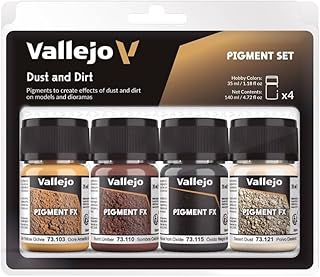 A set of weathering pigment powders in 'rust,' 'soot,' 'dust,' and 'grime' colors.