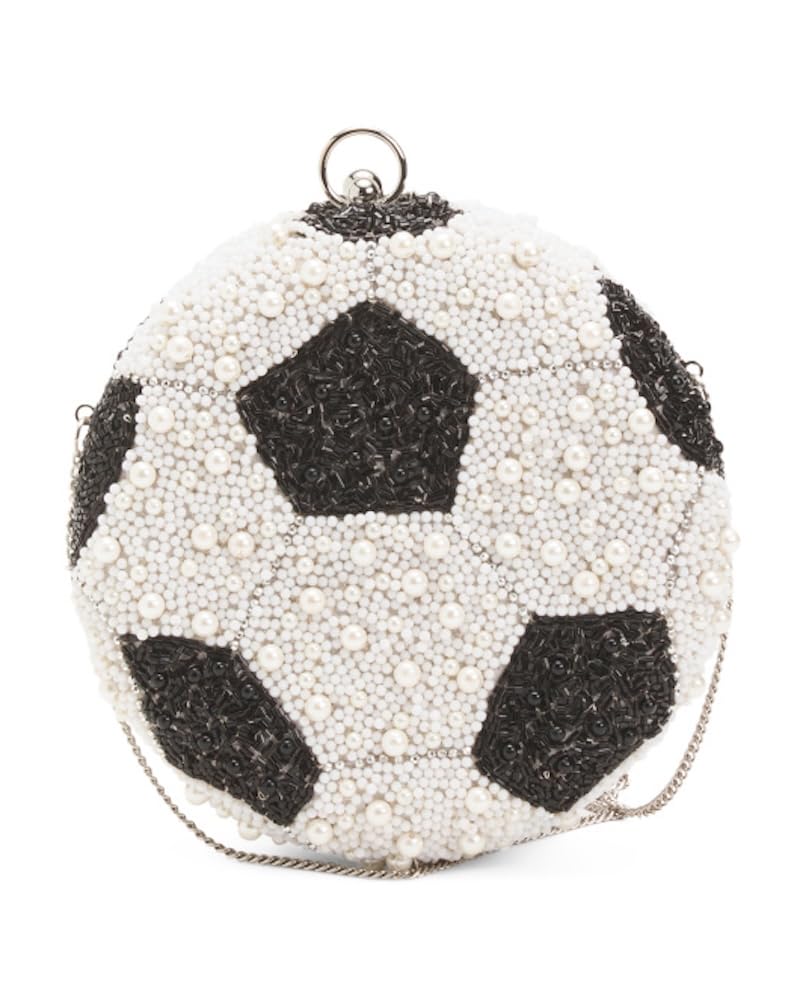 Beaded Soccer Ball Frame Clutch with Detachable Chain Strap, Faux Pearl Accents, 7.5 Inch Diameter