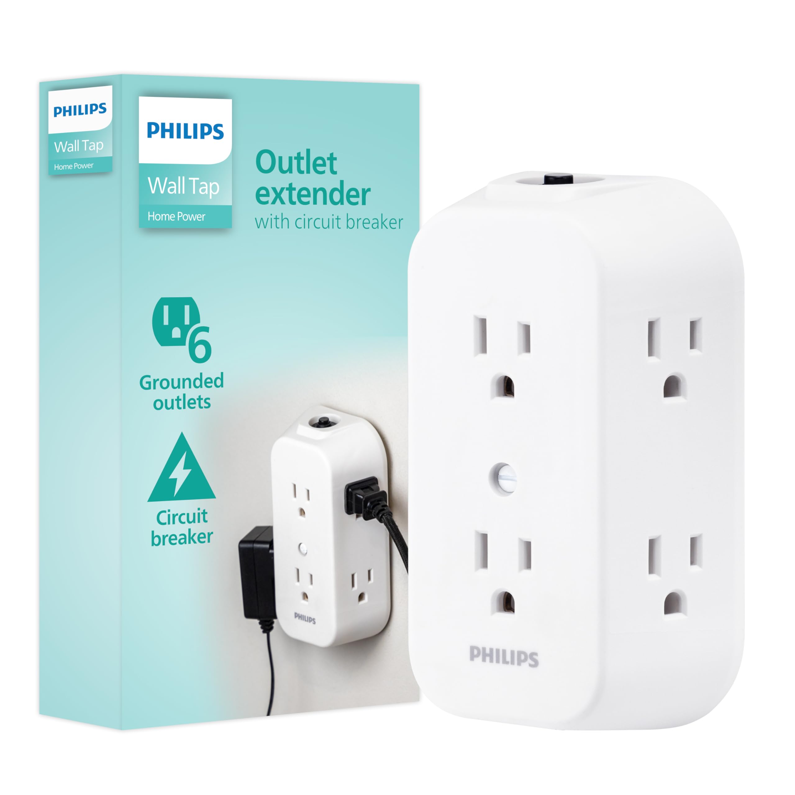 6-Outlet Extender, Grounded Wall Tap, Reset Button, Circuit Breaker, Adapter Spaced Outlets, 3-Prong, Multiple Plug, Quick and Easy Install, Cruise Essentials, ETL Listed, White, SPS1460WA/37