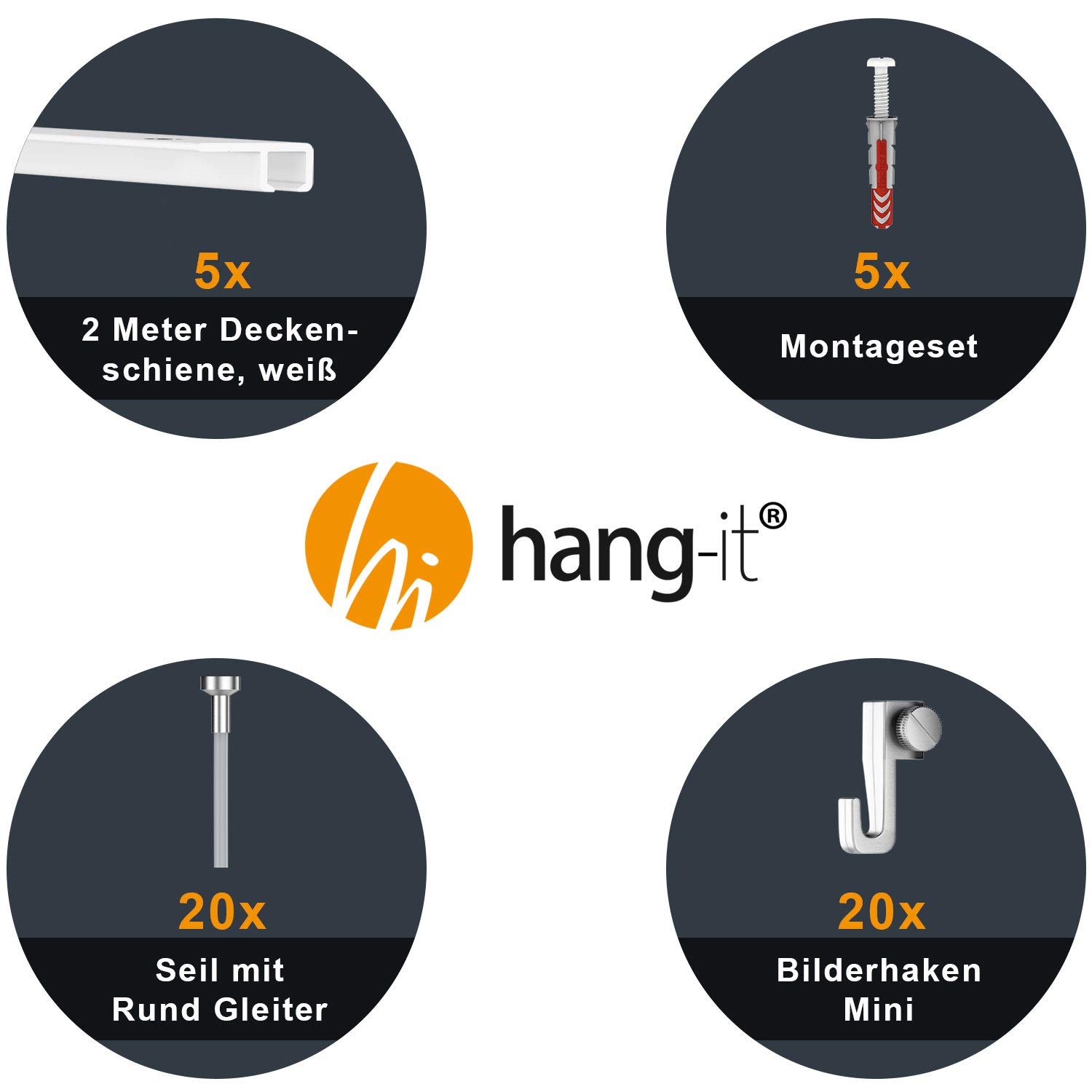 hang-it 10 Meter Deckenschienen - Galerieschienen - Bilderschienen Komplett Set 5 x 2m