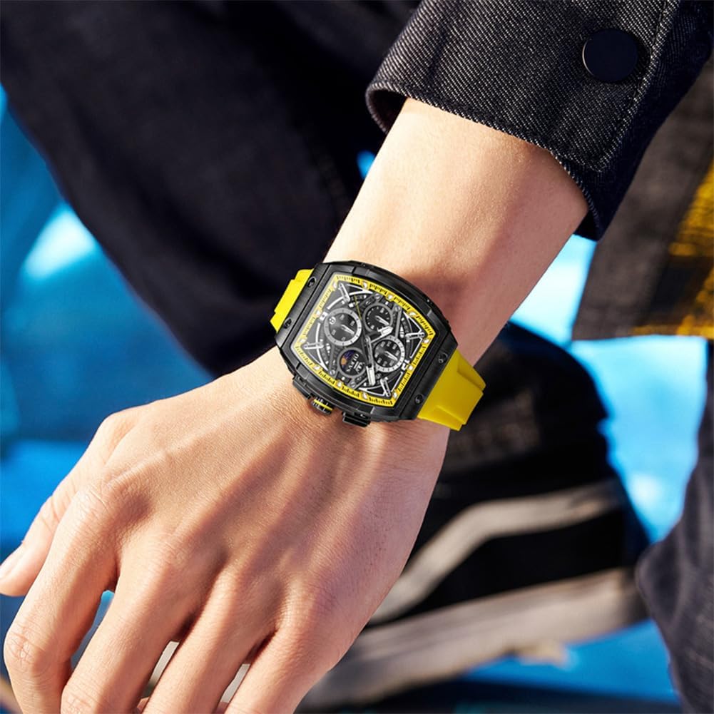 OLEVS Mens Watches Luxury,Silicon Strap Watches for Men,Chronograph Waterproof Business Large Face Tonneau Quartz Fashion Men’s Wrist Watch Dress Relojes para Hombres(Red/Yellow/Black/White Strap)