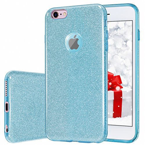 MATEPROX Compatible with iPhone 6s Case Compatible with iPhone 6 Case Glitter Slim Bling Crystal Clear 3 Layer Hybrid Protective Case (Blue)