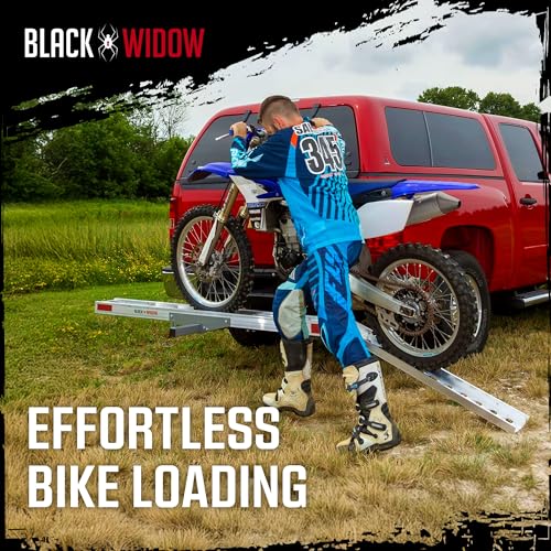 Black Widow Motorcycle Hitch Carrier with Loading Ramp Lightweight Aluminum 400 lb. Capacity Anti-Rattle Included Fits 2" Receiver