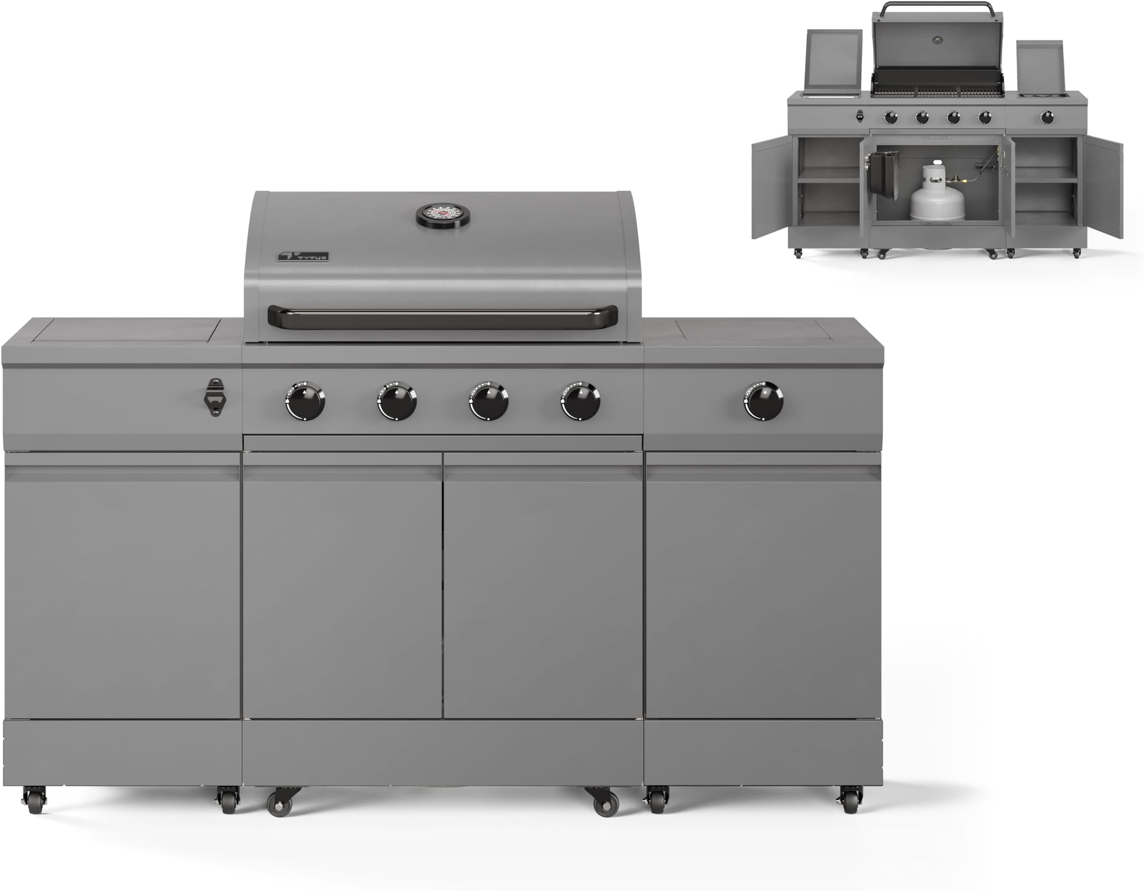 Tytus Fresno 5-Burner Propane or Natural Gas Island Grill – 864 sq. in. Cooking, 48,000 BTU Main + 12,000 BTU Side Burner, Porcelain Grates, Storage Cabinets, Semi-Portable - All Gunmetal