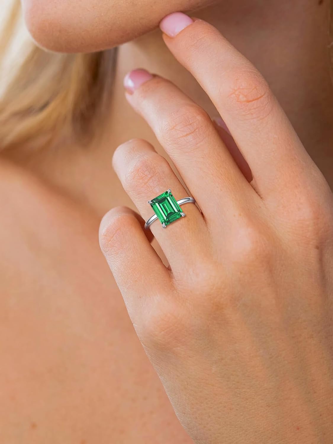 4ct 8x10mm Emerald-Cut Class Gemstone Birthstone Simulated Emerald Solitaire Engagement Rings for Women Gift for Mothers, Grandma Thanksgiving Day 14K Gold plated 925 Sterling Silver Size 5-10 - Image 5