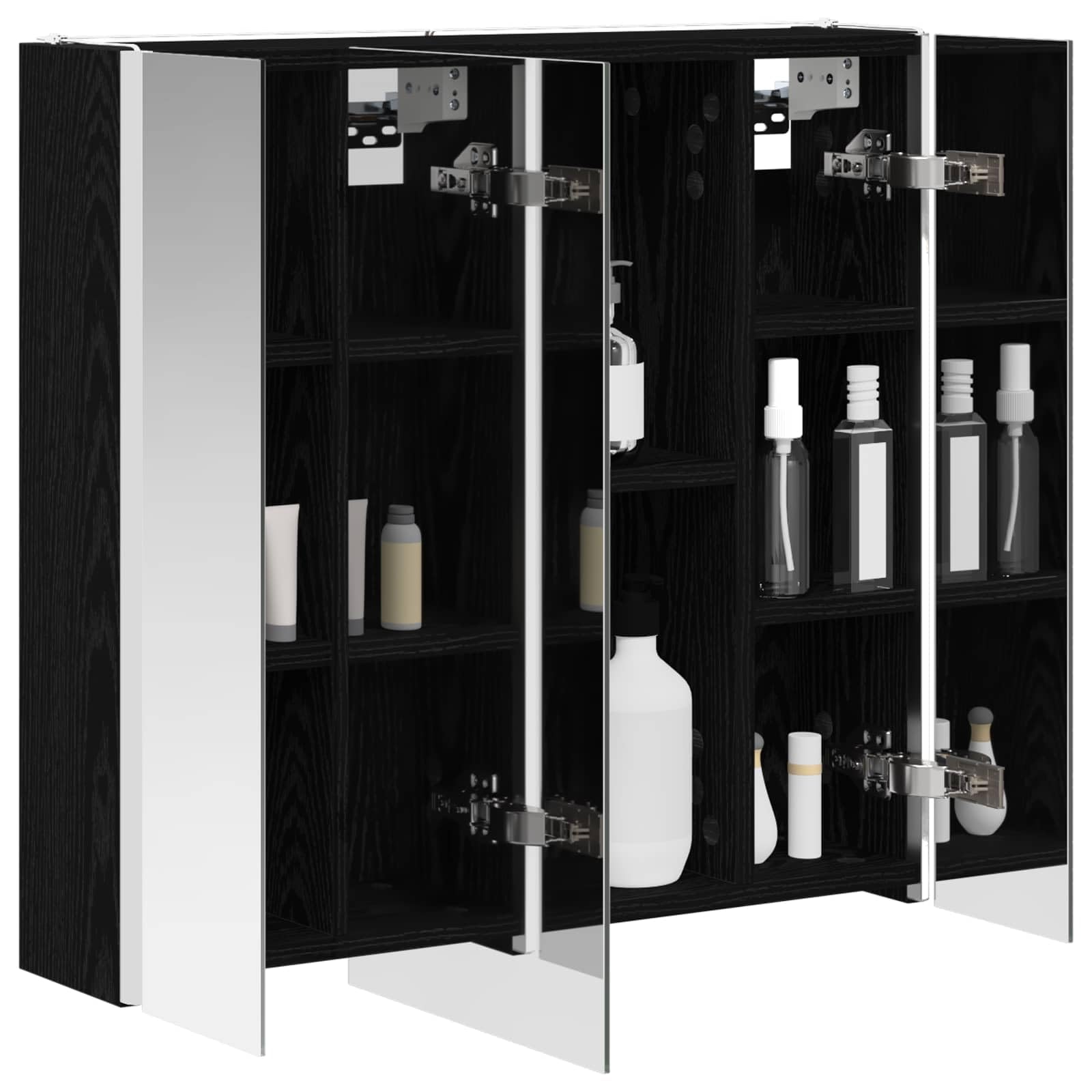 Szafka łazienkowa z lustrem w kolorze czarnym, imitacja dębu, materiał drewnopochodny, 63,5 x 15,5 x 60,5 cm, z oświetleniem LED, montaż na ścianie, regulowane półki, miejsce do
