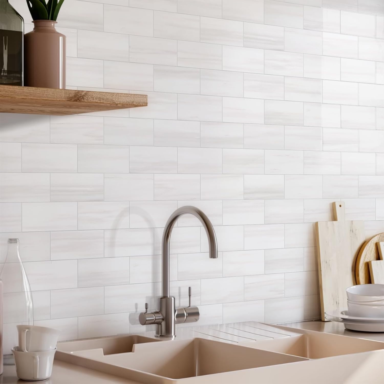 Vamos Tile 100-Piece Glossy Dolomite White Peel and Stick Backsplash Tile,3''x6'' PVC Subway Tile with White Grout, Stick on Backsplash for Kitchen/Bathroom/Fireplace