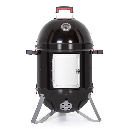 Captiva Designs 18-inch Vertical Charcoal Smoker Grill with Porcelain-Enameled Smoking Chamber, Wood Mountain Smoker for Meat Turkey and BBQ, with Built-in Thermometer