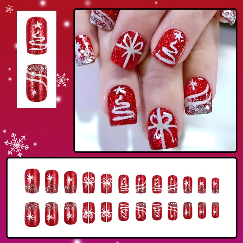 24PCS Short Square Christmas With Glitters Silver Tree Snowflake Designs Stick on Nails For Women