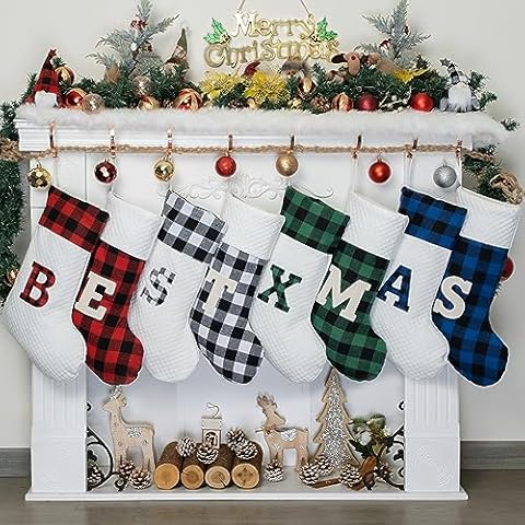 LUBOT Initial Monogram Christmas Stocking Letters 20" Personalized Custom Name Xmas Family Stockings Embroidery Large Buffalo Plaid Rustic/Farmhouse/Country Fireplace Decor Red Letters L Cover