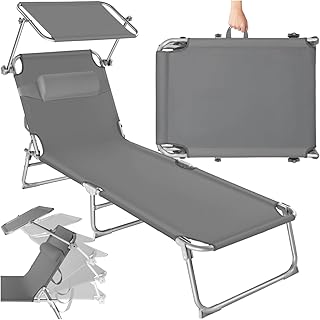 tectake® Sonnenliege mit Dach, Strandliege klappbar, leichte Gartenliege, Outdoor Liegestuhl mit Verstellbarer Rückenlehne, inkl. Kopfkissen - ideal für Balkon, Terrasse, Camping, Strand - grau
