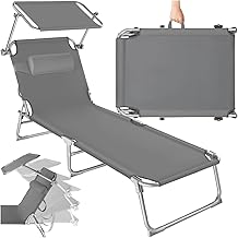 TecTake 800772 Sun Lounger with Roof, Foldable Beach Lounger, Garden Lounger with Pillow, Adjustable Sunroof, Sun Lounger with Adjustable Backrest – Various Colours