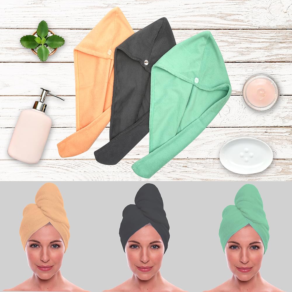 Addone Microfiber Hair Towel Wrap - Quick-Dry, Ultra-Soft Hair Drying Caps for Women - Lightweight, Anti-Frizz Bath Towels - Pack of 2 (Green & Grey)