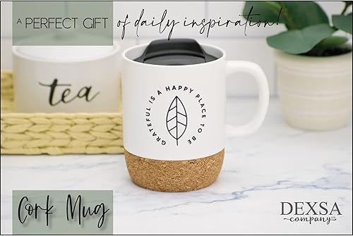 Miniatura 4 de Taza de café de diseño de cerámica  Grateful is a happy place to be  Capacidad para 14 onzas  Parte inferior de corcho con tapa  Ideal para café,