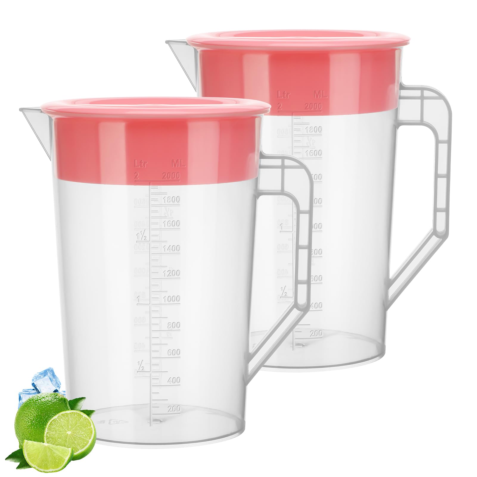 2 Pack Juice Jug with Lid, 2L Water Jug iced Tea Pitcher Beverage Juice Container Fridge Jugs for Milk Juice Iced Tea Lemonade Fridge Drink Container (Pink Lid)