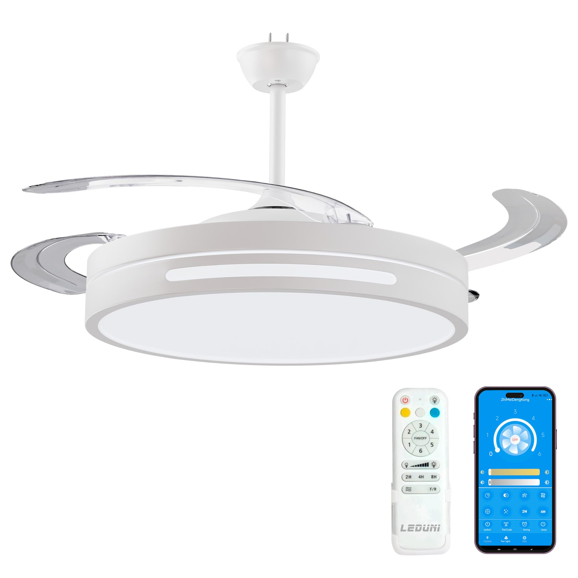 LEDUNI Ceiling Fan with Light with Remote Control, 3 Blades DC Motor 30W+LED Light 66W, Timer, 6 Speeds, Retractable Blades, 3 Light Temperatures, Quiet Summer-Winter Function (White, 50 cm)