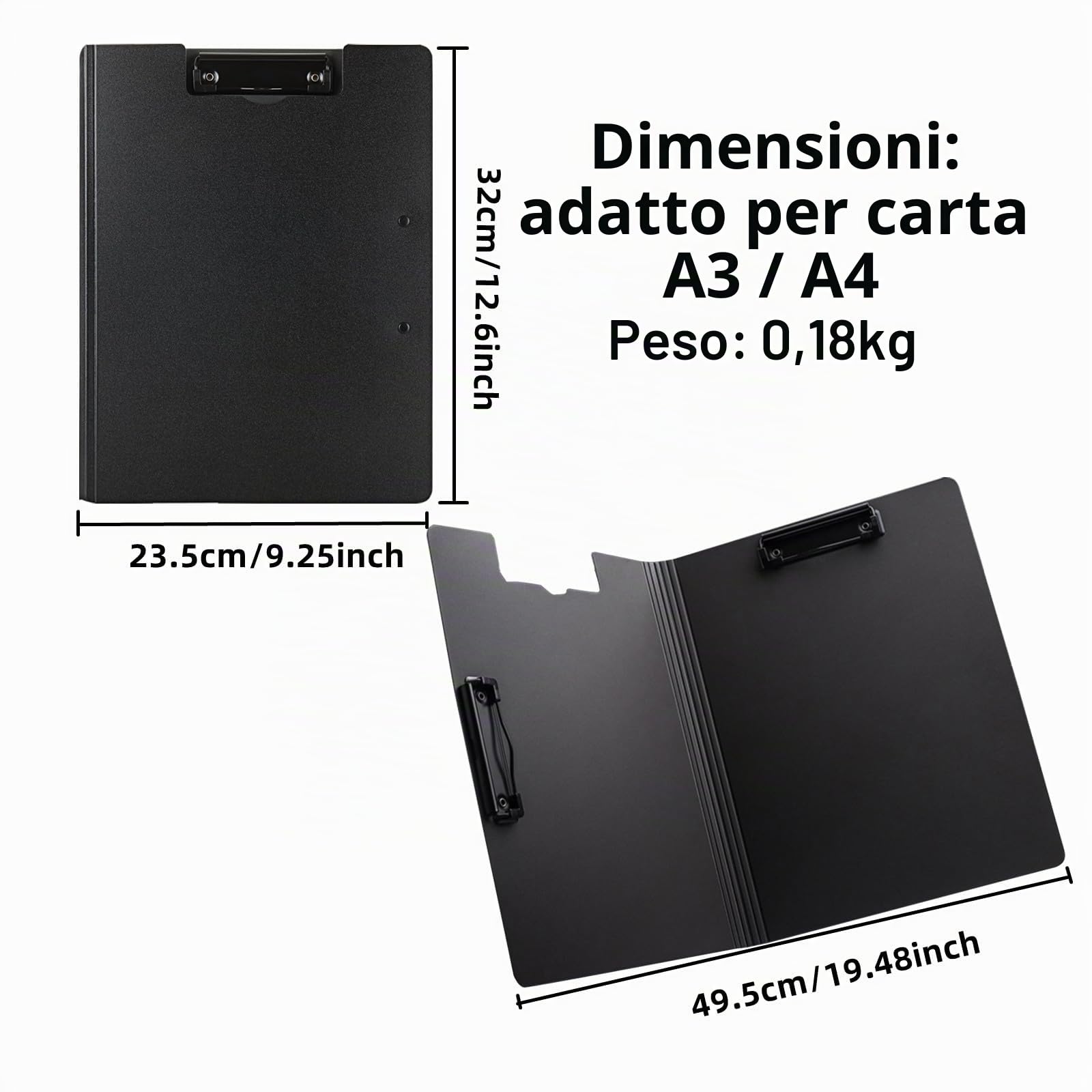 Cartellina portadocumenti A4 con coperchio, 6 lavagne a doppia clip, per lavoro, ufficio, scuola o ristorante, nero